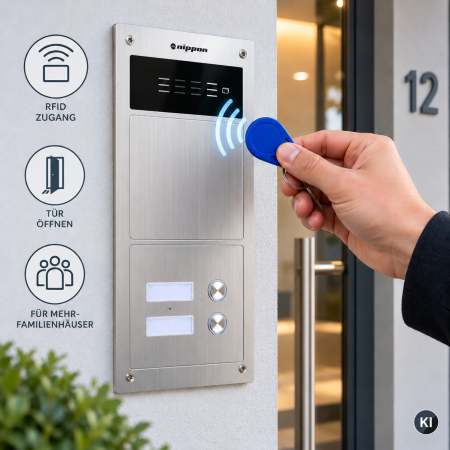 Preview: RFID-Zugang an der Nippon Türstation: Anhänger hinhalten, Tür öffnet